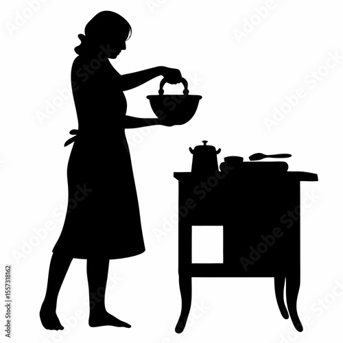 Silhouette of a woman holding a bowl near a stove with pots and pans in a kitchen setting indoors