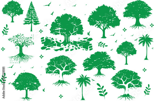 Various tree vectors. Forest and nature concept. Collection of different tree symbols. Education and training poster design. Vector drawn for plant and tree presentation.
