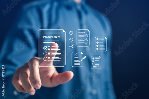 Procurement and invoice document system with digital checklist approval, streamlining supply chain tasks. Visual representation of business workflow, record accuracy, and vendor collaboration.