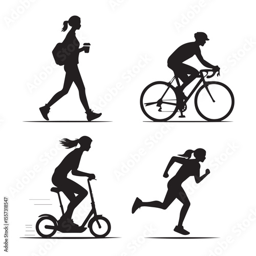 Diverse silhouettes of people engaging in various outdoor activities and commuting methods