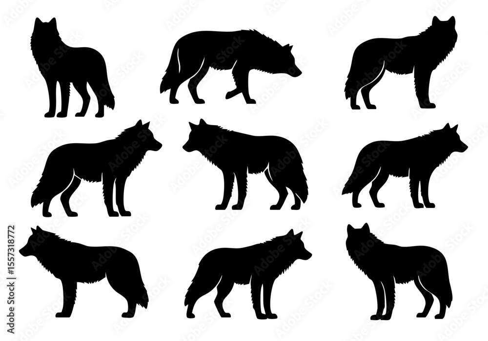 Obraz premium Simple Silhouette Various Standing Position Wolf Animal Illustration