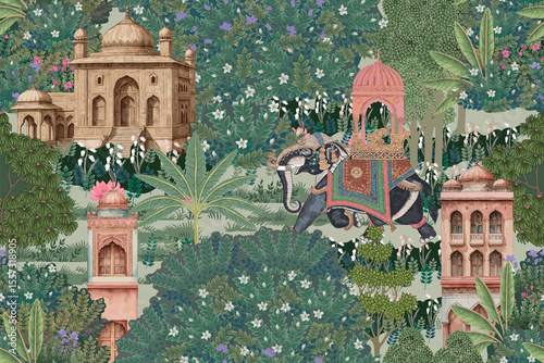 Wallpaper Mural Mughal Garden Illustration Seamless Pattern with Palaces Elephant and Lush Greenery for Wallpaper Decor Torontodigital.ca