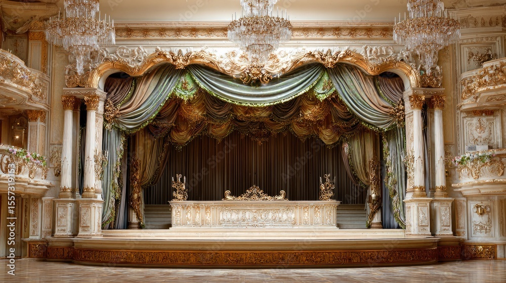 Obraz premium Ornate stage with golden trim, chandeliers, and historical architectural detailing