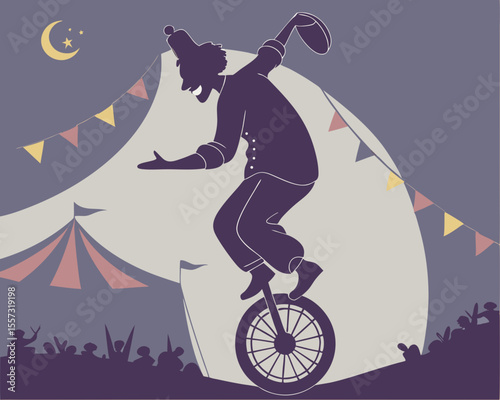 Vintage circus performer balancing on unicycle with night sky illustration