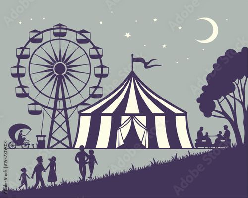 Vintage nighttime carnival scene featuring ferris wheel big top and people silhouettes