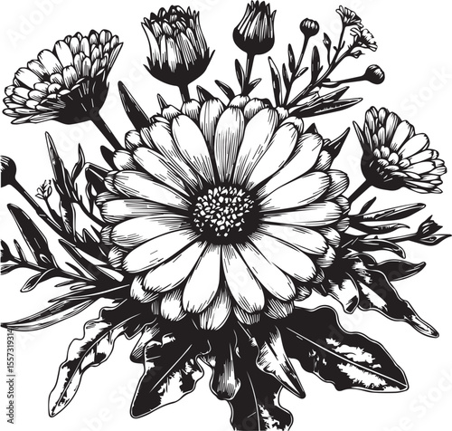 Ringelblume, Calendula officinalis, procreate digital drawing, line art, botanical illustration black vector illustration