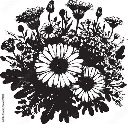 Ringelblume, Calendula officinalis, procreate digital drawing, line art, botanical illustration black vector illustration