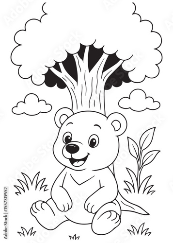Coloring book bear sitting calmly under a big tree in the forest.