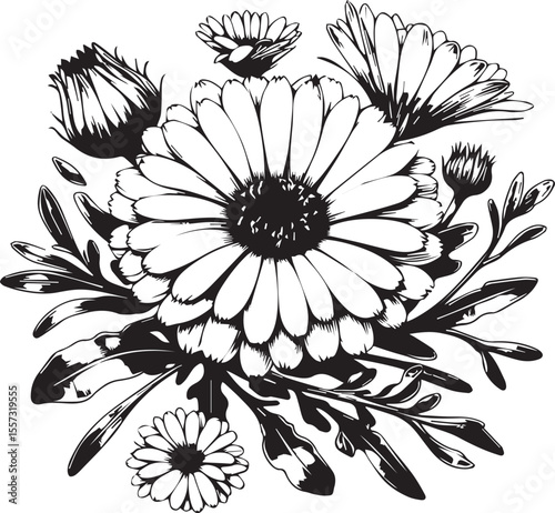 Ringelblume, Calendula officinalis, procreate digital drawing, line art, botanical illustration black vector illustration