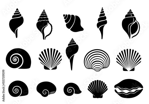 Black and White Silhouette Seashell Collection Variety Marine Life Element