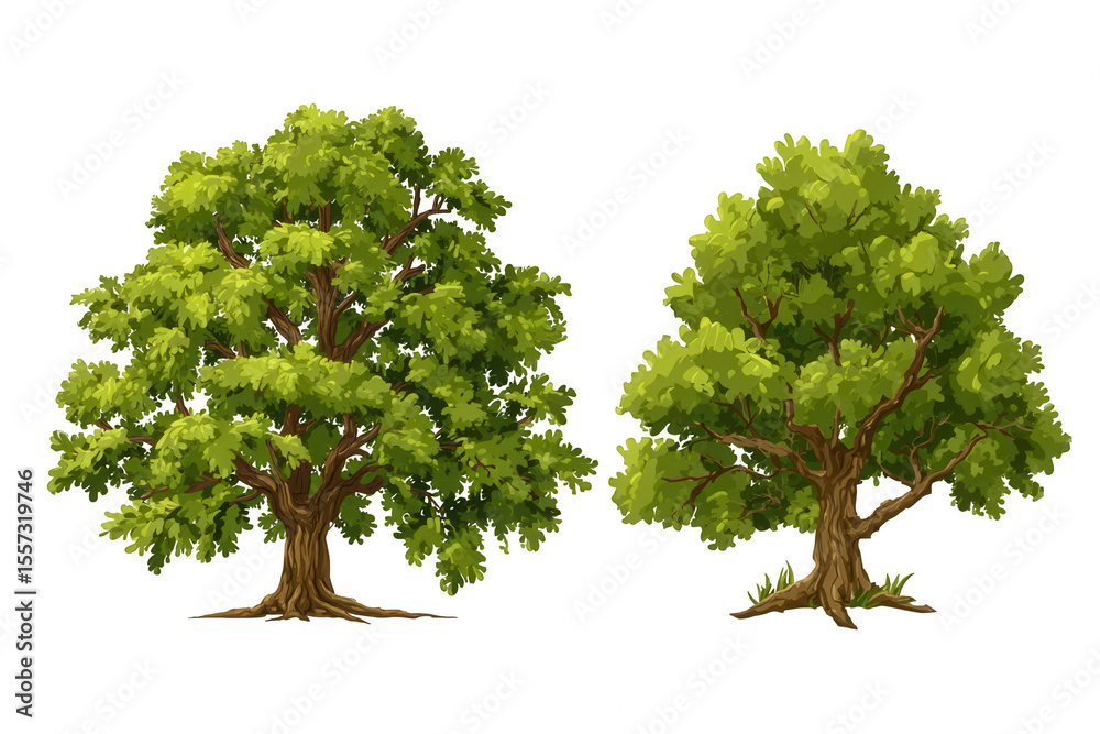 Obraz premium Two vector cartoon illustrations of two oak trees with green leaves on a white background, png, transparent