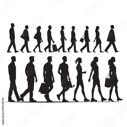 Diverse group of men and women in silhouette walking in opposite directions on a white background