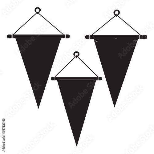 Three black pennant banners hanging from rings against a white background simple graphic design