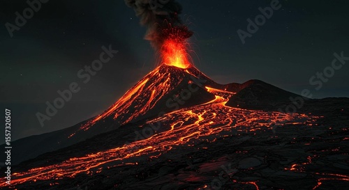Nighttime Volcano Eruption with Flowing Lava