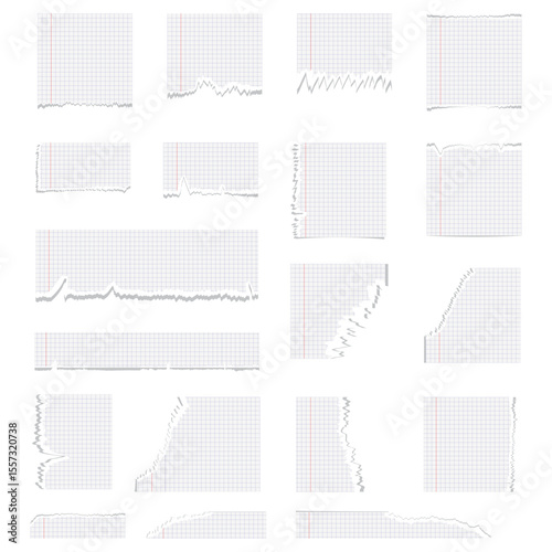 Collection of set of notebook sheets in a cage with torn paper effect and realistic shadow effect, isolated vector illustration