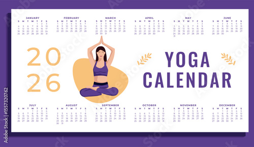 Horizontal calendar for 2026 for yoga classes. Vector illustration with a girl