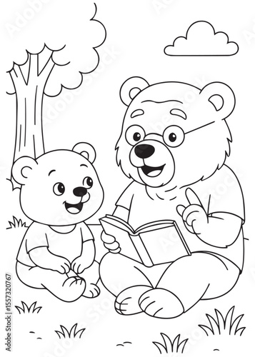 Coloring book papa bear reading a storybook to his cub in the forest.