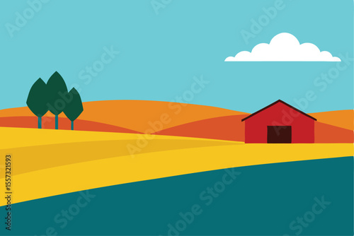 Vibrant Farm Landscape Illustration Rolling Hills, Red Barn, and Golden Fields