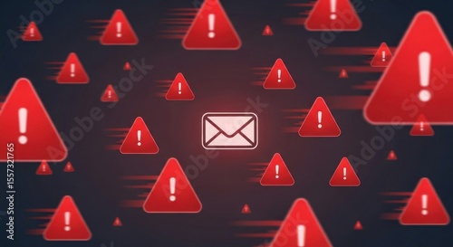 Red Warning Symbols And An Envelope Icon Against A Dark Background Highlighting Email Security And Risk