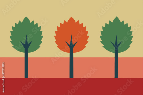 Three stylized trees illustration green, orange, green, autumnal theme