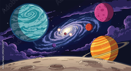 Colorful Cartoon Solar System with Planets and Galaxy in Outer Space a Vector Illustration