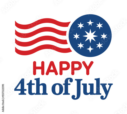 Happy 4th of July Graphic with Circular Starburst and Waving Flag