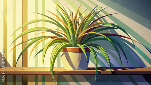 Spider plant on high shelf, long striped leaves arching gracefully, bright light above, indoor modern decor, clean wall backdrop, smooth lines, subtle shadows, peaceful apartment gardening mood.

