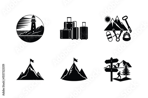 Black and white travel and adventure collection set featuring mountains lighthouse and suitcases