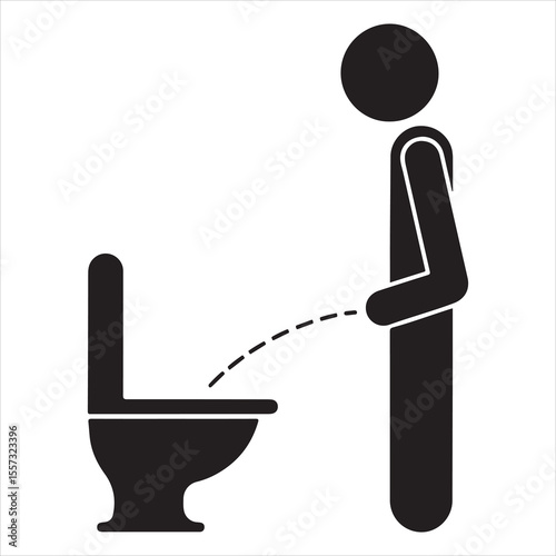Man urinating into a toilet bowl with a dashed line indicating flow