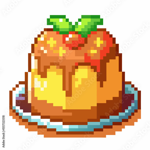 Pixel Art Style Custard Dessert with Fruit Topping and Caramel Drizzle