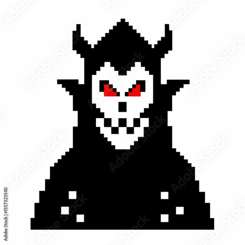 Pixel Art Evil Figure with Red Eyes and Black Cloak