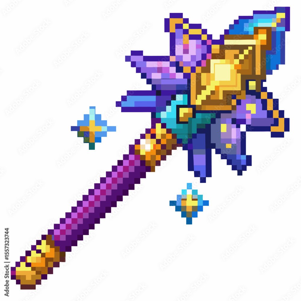 Fototapeta premium 8 bit Magical Staff with Gemstone and Sparkles in Pixel Art Style