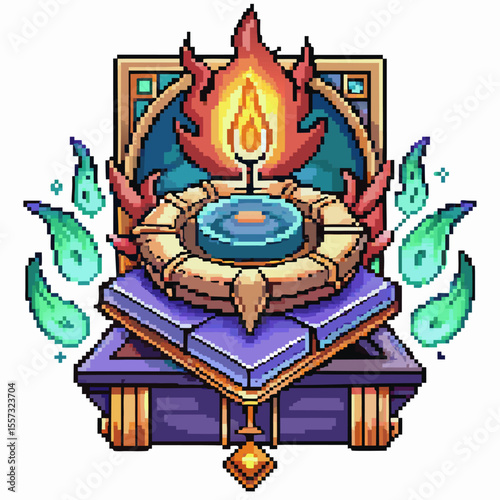 Pixel Art Magical Grimoire with Flaming Candle and Mystical Symbols