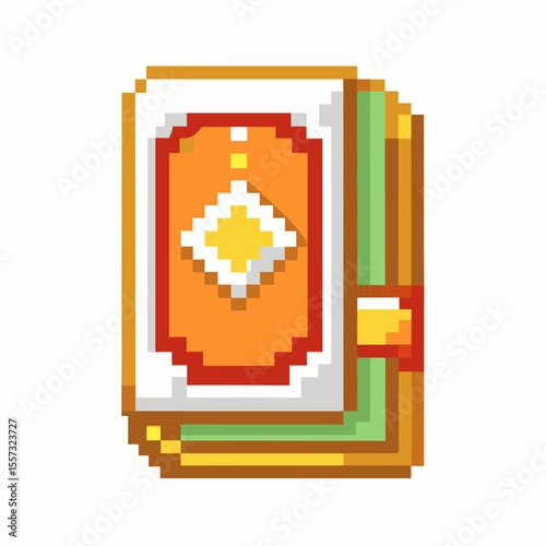 Pixel Art Book with White Gem on Orange Cover   Digital Design, Retro Game Icon