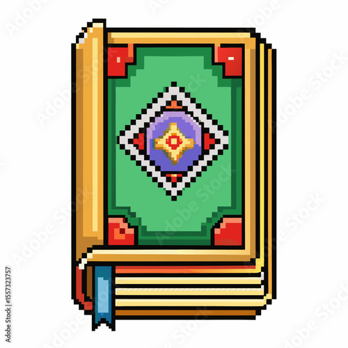 Vintage Pixel Art Book with Ornate Cover Design and Bookmark for Digital and Gaming Projects