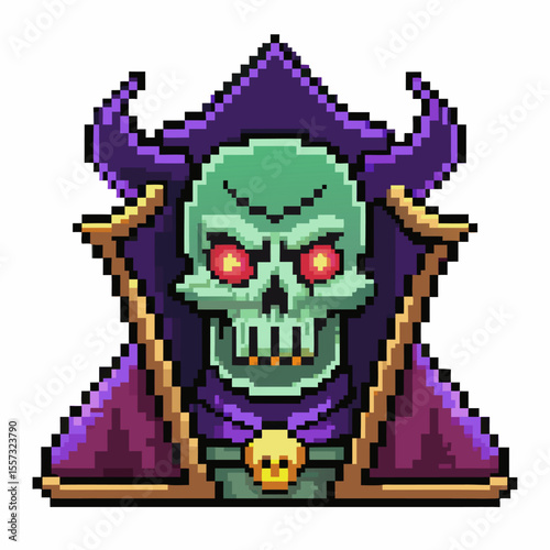 Pixel Art Green Skull with Red Eyes in Purple Cloak   Retro Gaming Icon