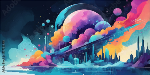 Moonlit fantasy landscape with water, clouds, and stars in the night sky