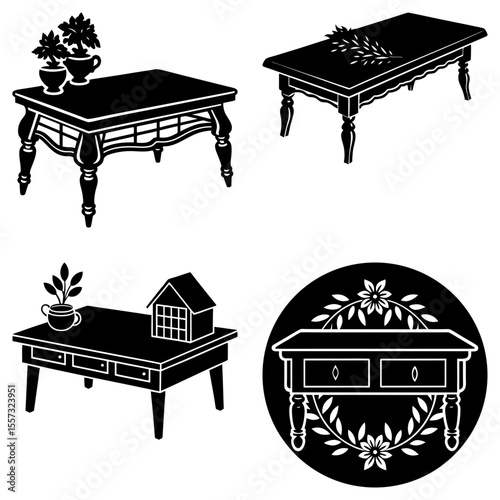 Four black folding tables with rectangular tops and x shaped legs in different orientations shown