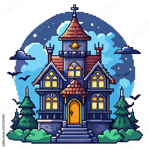 Pixel Art Haunted House with Spooky Night Sky and Bats Under Full Moon
