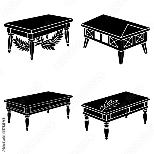 Illustration of four folding tables in black silhouette with varying leg configurations and table shapes