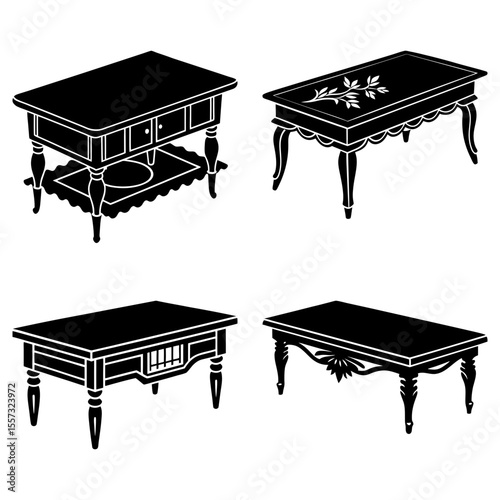 Illustration of four black folding tables with square tops and x shaped legs on white background