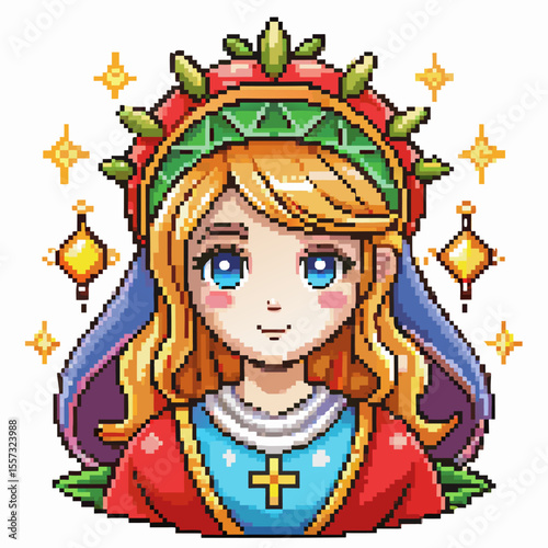 Vintage Pixel Art of a Haloed Woman with Religious Attire in 8 Bit Style