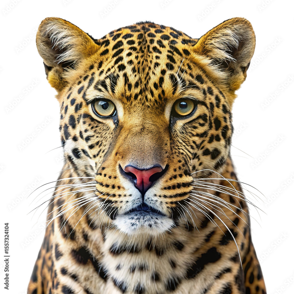 Obraz premium Close up portrait of a majestic leopard with striking eyes and spotted fur isolated on transparent background