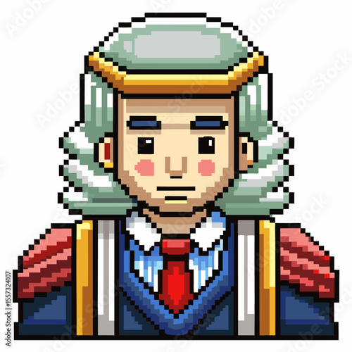 Retro Pixel Art Judge Character with Wig and Robe in Classic Gaming Style