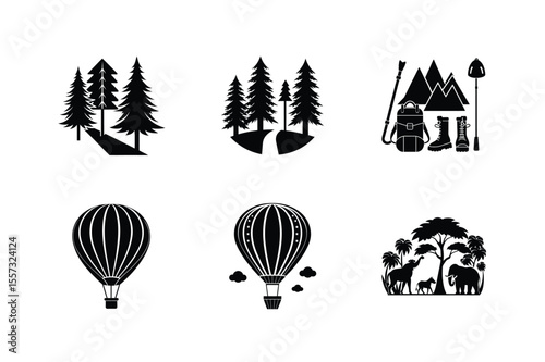 Black and white travel and adventure icons collection set depicting nature and exploring
