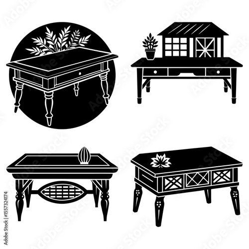 Four black folding tables in different styles isolated on a white background in a vector illustration