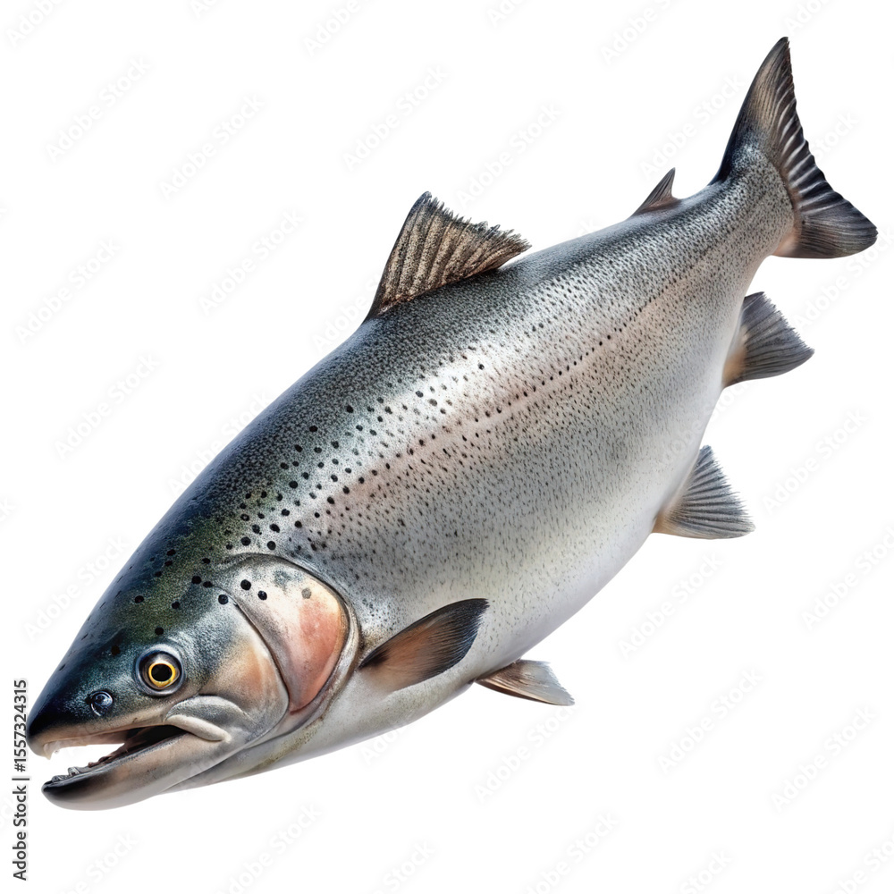 Naklejka premium A whole fresh rainbow trout fish with its mouth open showing sharp teeth and clear eye isolated on transparent background