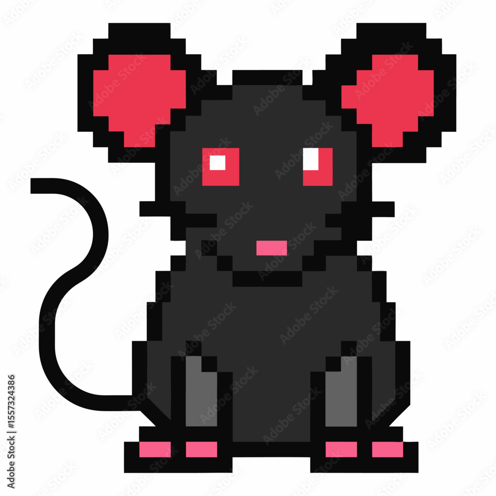 Obraz premium Pixel Art Black Mouse Illustration with Red Ears and Eyes Retro Gaming Style