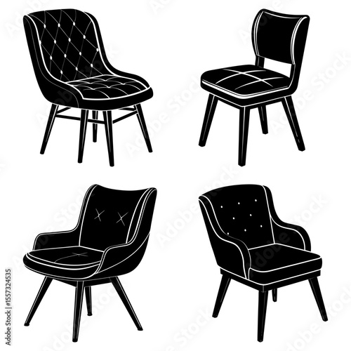 Four antique chest of drawers with different designs and styles in black and white illustration art