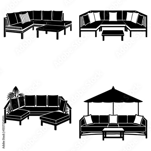 Illustration of four different black and white bar stands with stools and various bottle displays under canopies